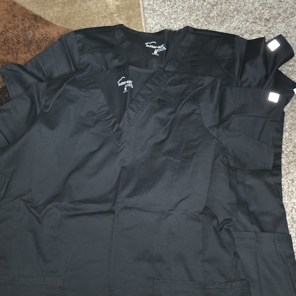 ​LOT OF 2: Women’s Butter-Soft Stretch V-Neck Scrub Tops - Black